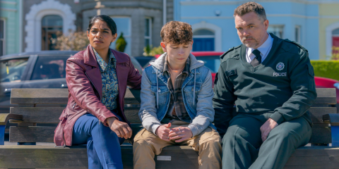 Amara Karan (DC Leila Hussain), Louis McCartney (Shay O’Hare), and Ciarán McMenamin (Insp. Finn O’Hare) Courtesy of BritBox