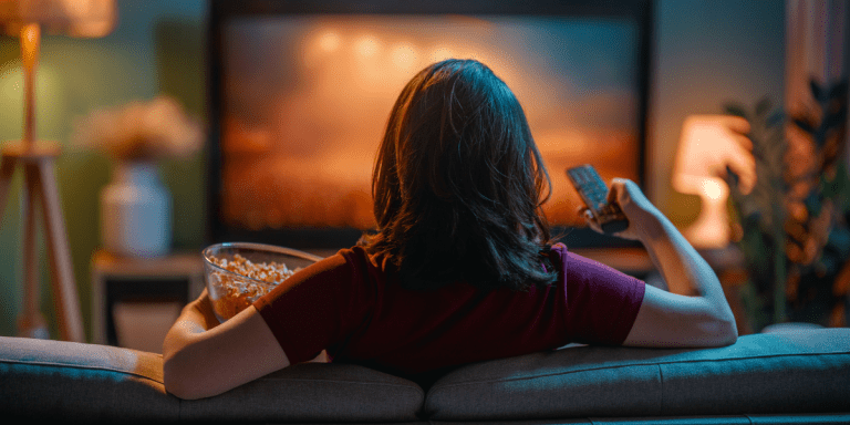 Woman eating popcorn watching TV.