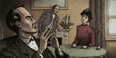 Sherlock Holmes graphic with sidekick and woman.