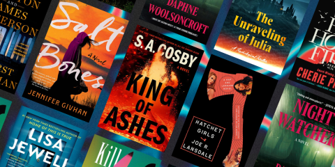 Several crime fiction book jackets on colorful background