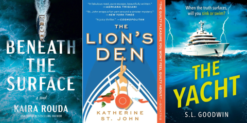 Three book jackets of books set on yachts