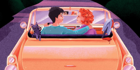 Two elder women driving away in convertible